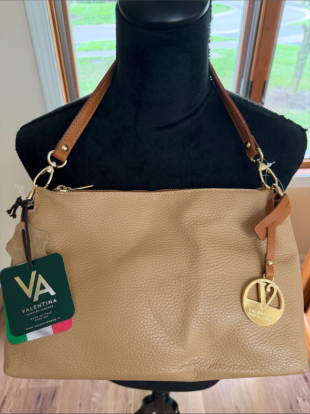 Valentina Italian-Made Tan Leather Shoulder/Crossbody Bag, NWT